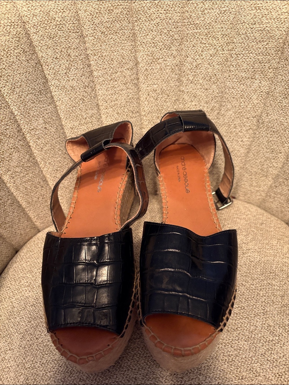 Charles David Black Croc-Embossed Espadrille Wedge Sandals